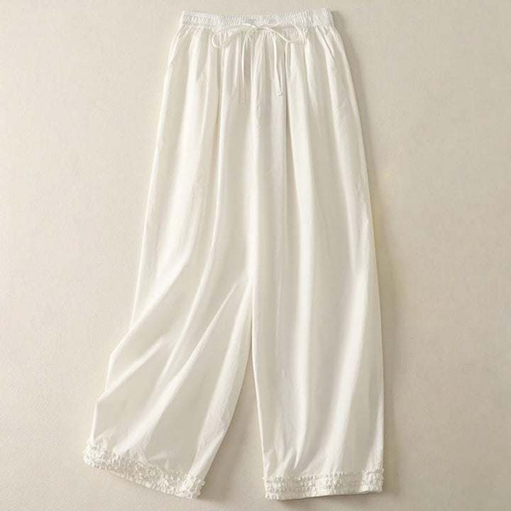 Buddha Stones Casual Ruffle Hem Patchwork Design Drawstring Ankle-length Women's Cotton Pants With Pockets - White - US12，UK/AU16，EU44 (2XL) - image 6