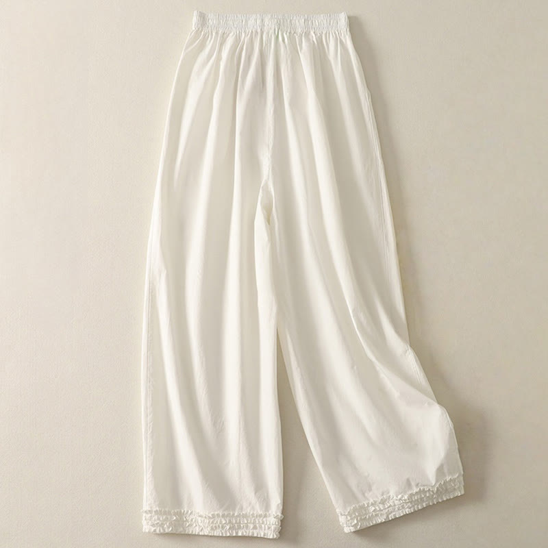 Buddha Stones Casual Ruffle Hem Patchwork Design Drawstring Ankle-length Women's Cotton Pants With Pockets - image 7