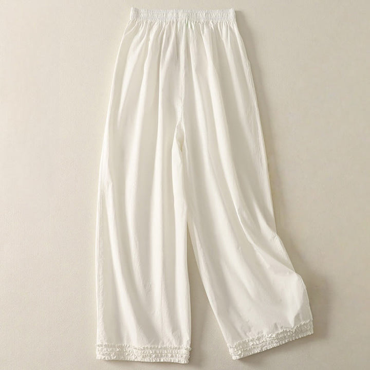 Buddha Stones Casual Ruffle Hem Patchwork Design Drawstring Ankle-length Women's Cotton Pants With Pockets - image 7