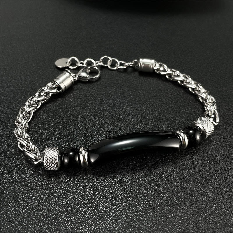 Buddha Stones Tiger Eye Black Obsidian Stone Titanium Steel Strength Buckle Bracelet