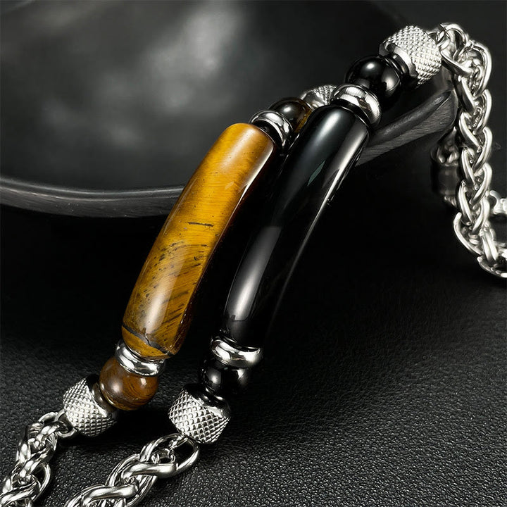 Buddha Stones Tiger Eye Black Obsidian Stone Titanium Steel Strength Buckle Bracelet