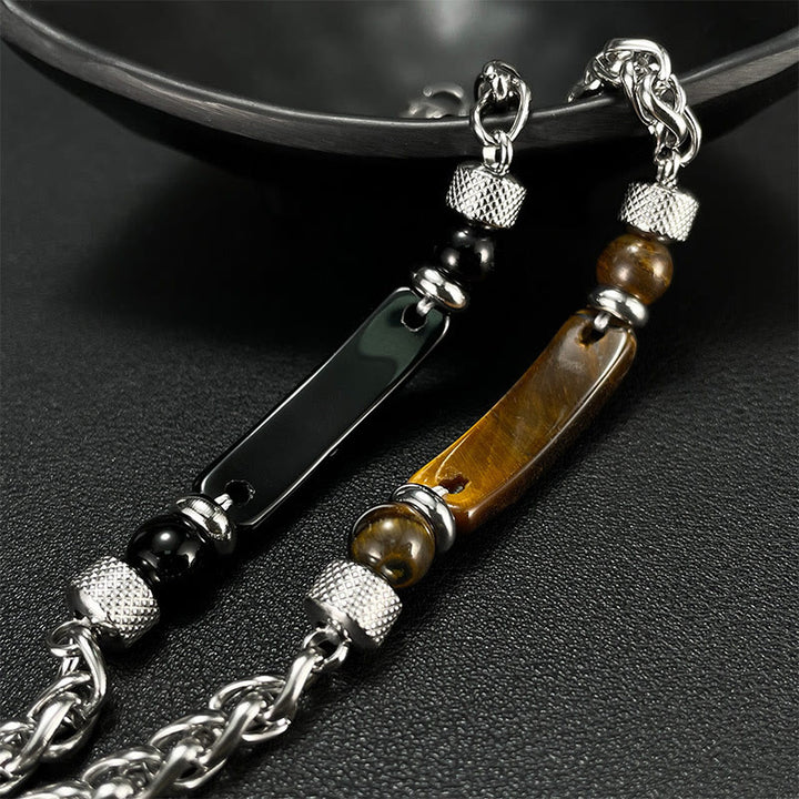 Buddha Stones Tiger Eye Black Obsidian Stone Titanium Steel Strength Buckle Bracelet