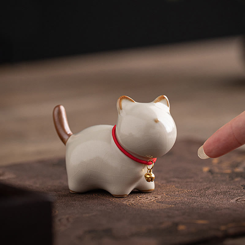 Buddha Stones Mini Lucky Cute Standing Cat Red Rope Bell Ceramic Figurine Decoration - image 5