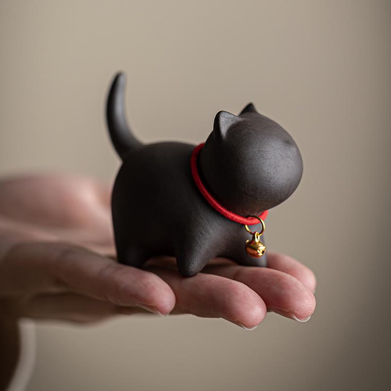 Buddha Stones Mini Lovely Red Rope Bell Cat Tea Pet Purple Clay Figurine Desk Decoration - image 10