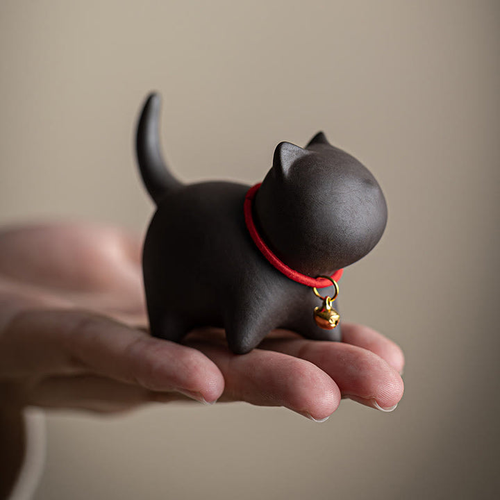 Buddha Stones Mini Lovely Red Rope Bell Cat Tea Pet Purple Clay Figurine Desk Decoration - image 10