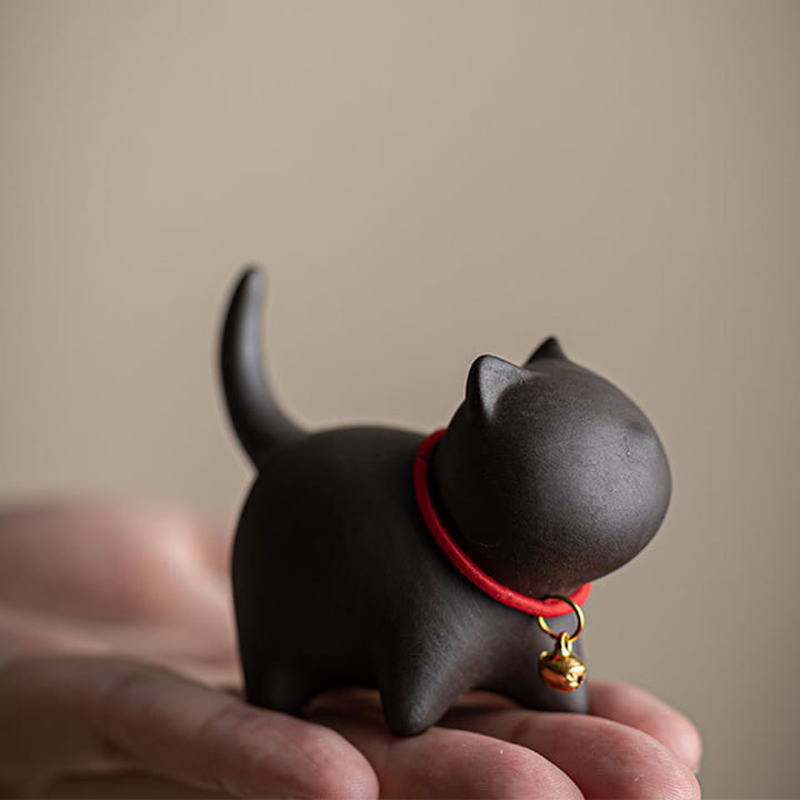 Buddha Stones Mini Lovely Red Rope Bell Cat Tea Pet Purple Clay Figurine Desk Decoration - image 11
