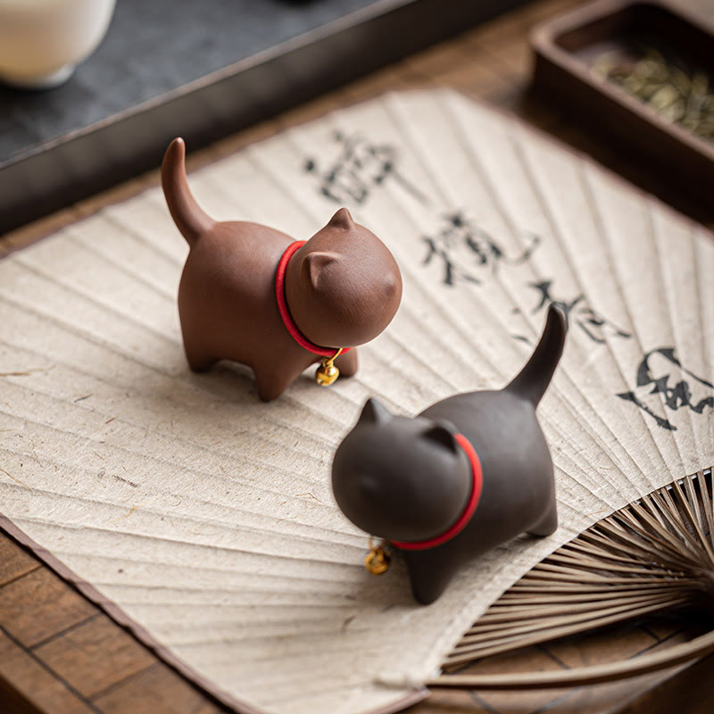 Buddha Stones Mini Lovely Red Rope Bell Cat Tea Pet Purple Clay Figurine Desk Decoration - image 0