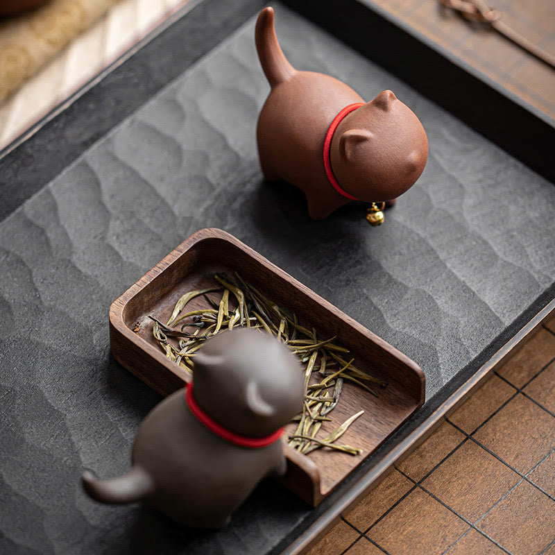 Buddha Stones Mini Lovely Red Rope Bell Cat Tea Pet Purple Clay Figurine Desk Decoration - image 11