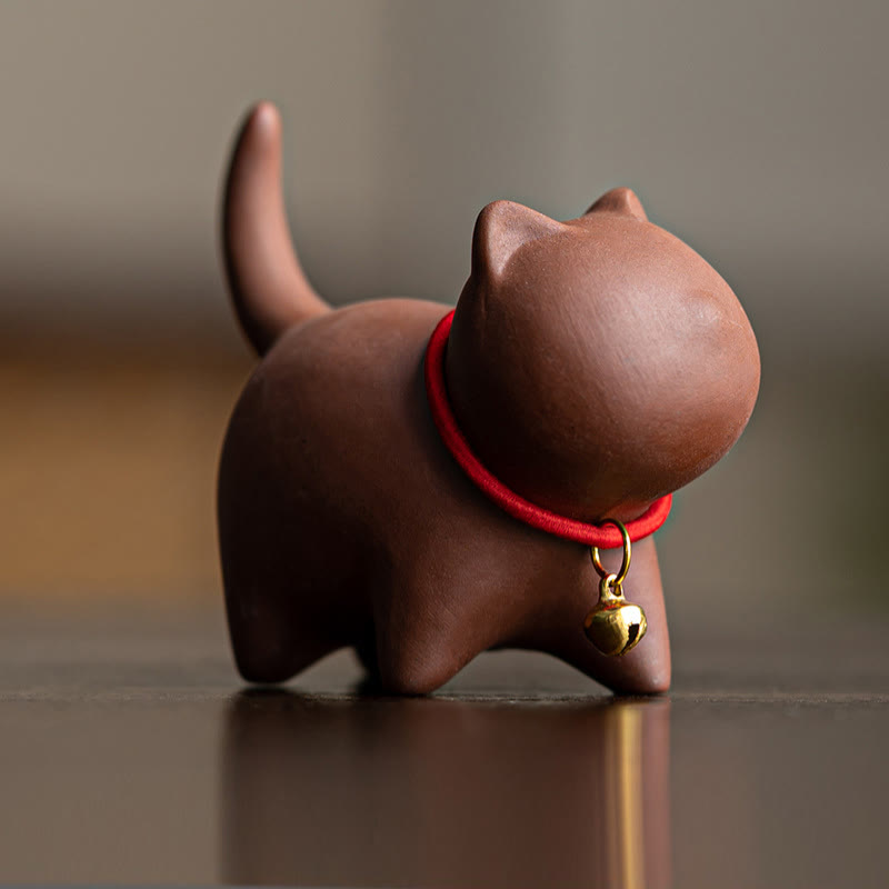 Buddha Stones Mini Lovely Red Rope Bell Cat Tea Pet Purple Clay Figurine Desk Decoration - Brown Cat (6.7*5.0*5.7cm) - image 2
