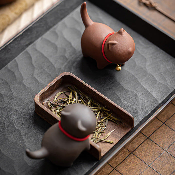 Buddha Stones Mini Lovely Red Rope Bell Cat Tea Pet Purple Clay Figurine Desk Decoration - image 12