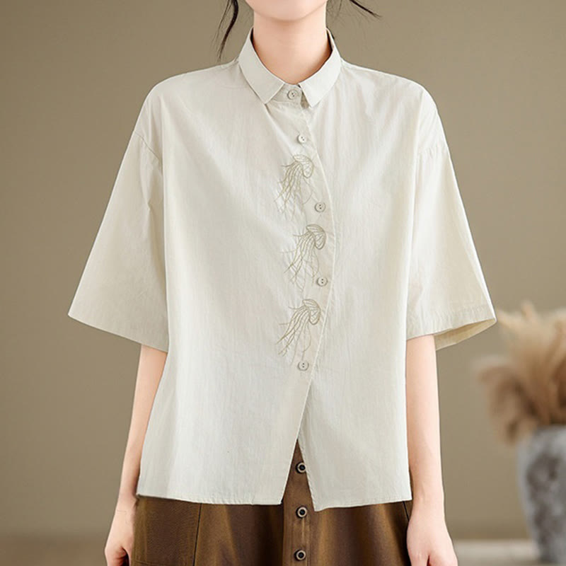 Buddha Stones Casual Women's Embroidered Jellyfish Pattern Stand Collar Buttons Design Half Sleeve Cotton Shirt - Beige - US14，UK/AU18，EU46 (2XL) - image 0