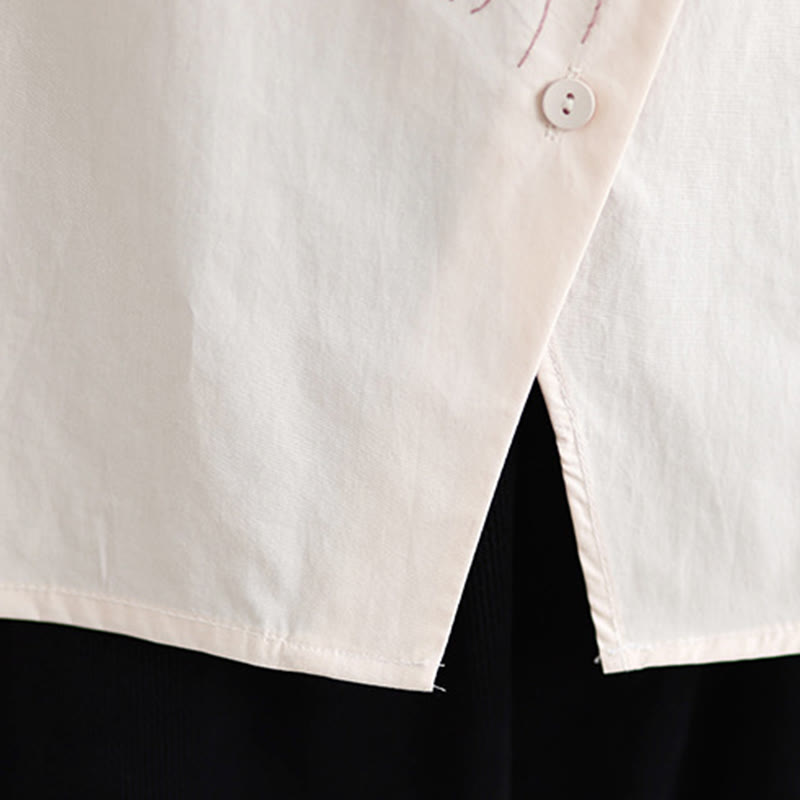 Buddha Stones Casual Women's Embroidered Jellyfish Pattern Stand Collar Buttons Design Half Sleeve Cotton Shirt - image 15