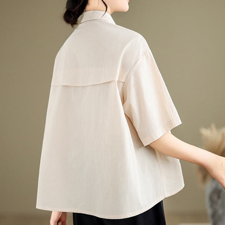 Buddha Stones Casual Women's Embroidered Jellyfish Pattern Stand Collar Buttons Design Half Sleeve Cotton Shirt - image 7