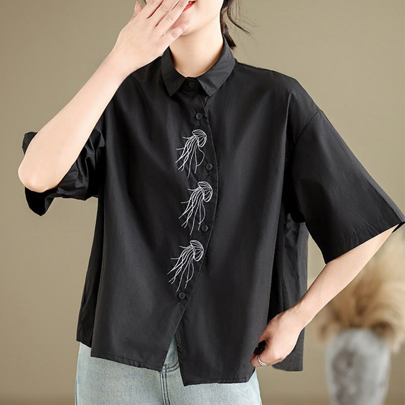 Buddha Stones Casual Women's Embroidered Jellyfish Pattern Stand Collar Buttons Design Half Sleeve Cotton Shirt - image 21