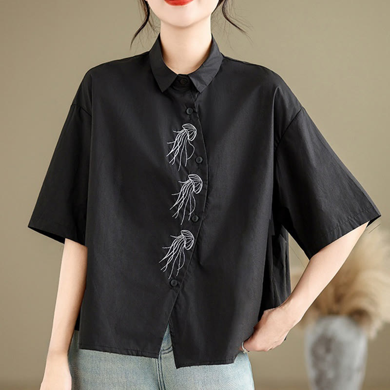Buddha Stones Casual Women's Embroidered Jellyfish Pattern Stand Collar Buttons Design Half Sleeve Cotton Shirt - image 17