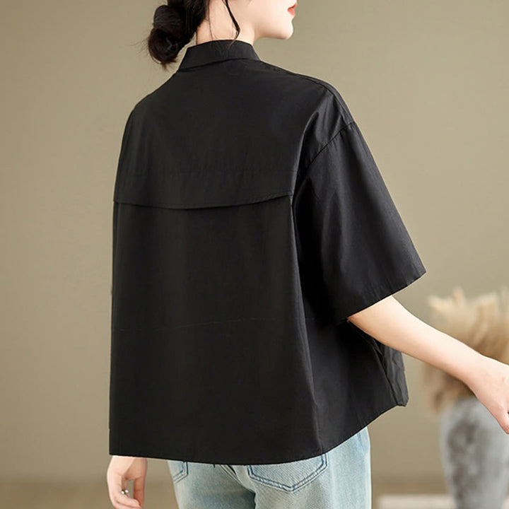 Buddha Stones Casual Women's Embroidered Jellyfish Pattern Stand Collar Buttons Design Half Sleeve Cotton Shirt - image 18