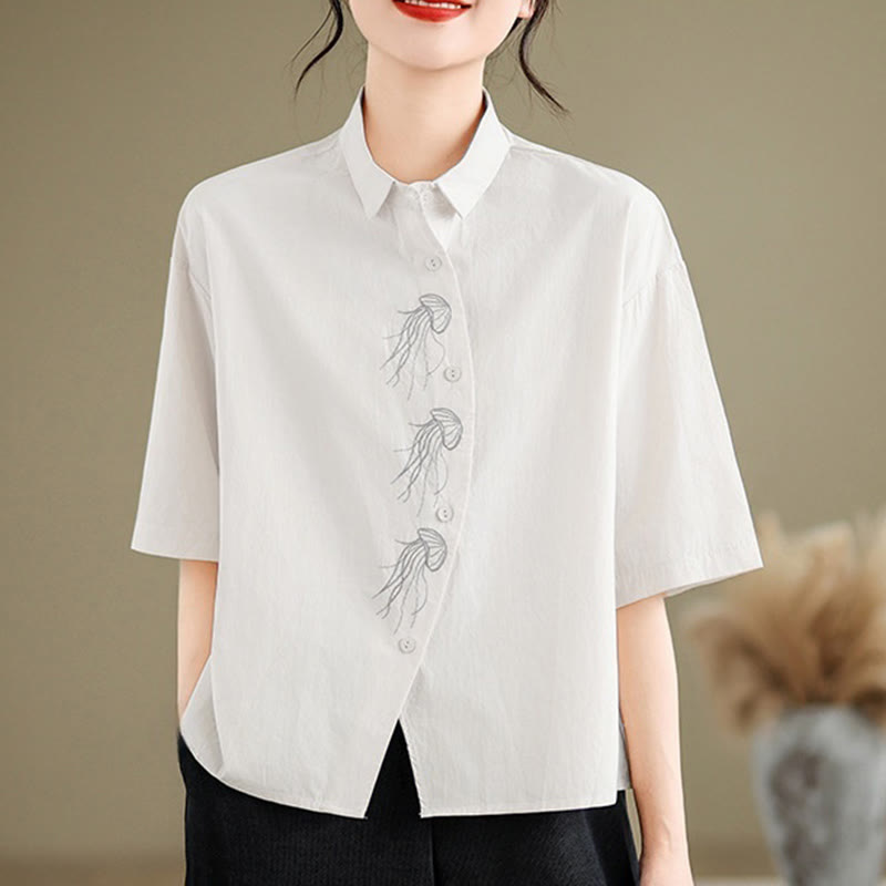 Buddha Stones Casual Women's Embroidered Jellyfish Pattern Stand Collar Buttons Design Half Sleeve Cotton Shirt - White - US14，UK/AU18，EU46 (2XL) - image 22
