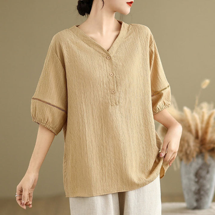 Buddha Stones Casual Plain Button V-Neck Women's Polyester Short Sleeve Shirt - image 3