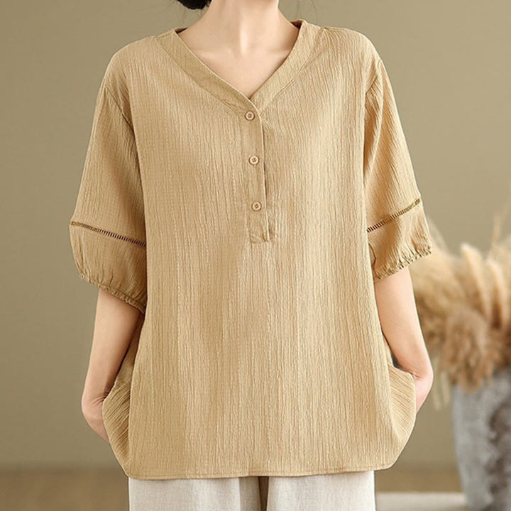Buddha Stones Casual Plain Button V-Neck Women's Polyester Short Sleeve Shirt - image 4