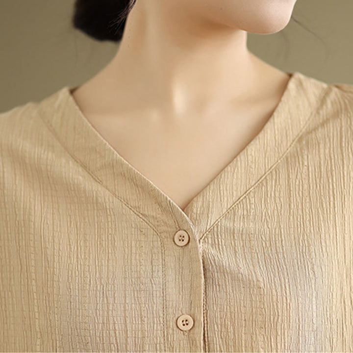 Buddha Stones Casual Plain Button V-Neck Women's Polyester Short Sleeve Shirt - image 7