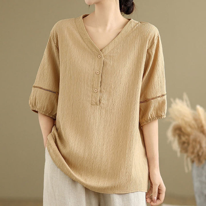 Buddha Stones Casual Plain Button V-Neck Women's Polyester Short Sleeve Shirt - Wheat - US8-10，UK/AU12-14，EU40-42 (2XL) - image 1