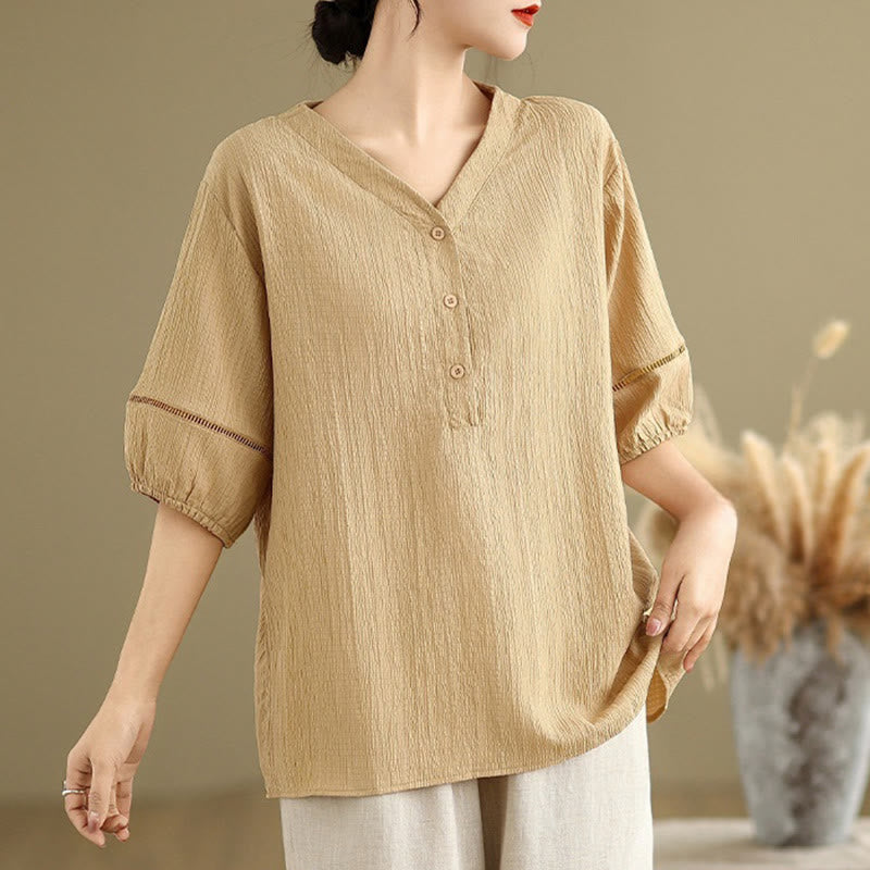 Buddha Stones Casual Plain Button V-Neck Women's Polyester Short Sleeve Shirt - image 2
