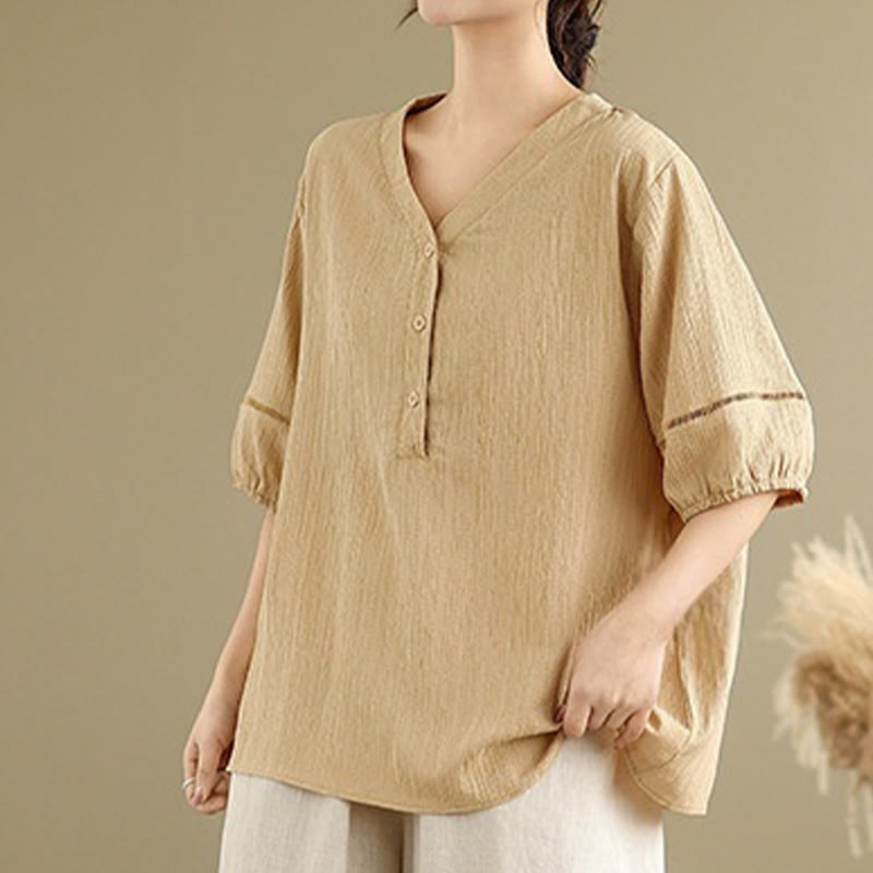 Buddha Stones Casual Plain Button V-Neck Women's Polyester Short Sleeve Shirt - image 5