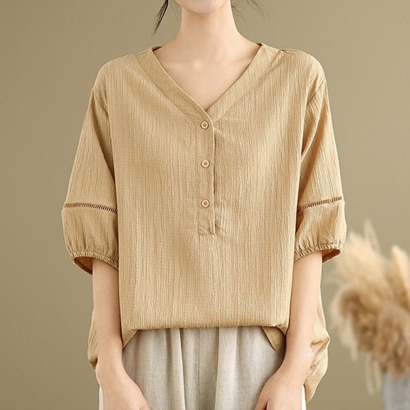 Buddha Stones Casual Plain Button V-Neck Women's Polyester Short Sleeve Shirt - image 6