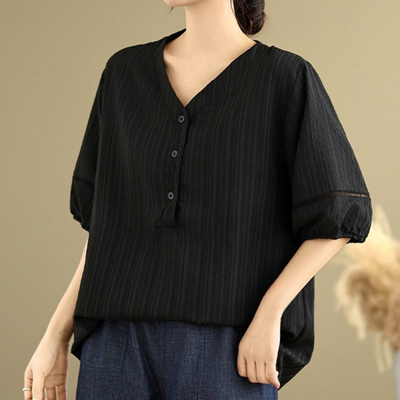 Buddha Stones Casual Plain Button V-Neck Women's Polyester Short Sleeve Shirt - image 16
