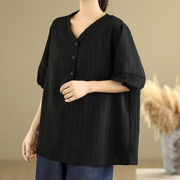 Buddha Stones Casual Plain Button V-Neck Women's Polyester Short Sleeve Shirt - image 15