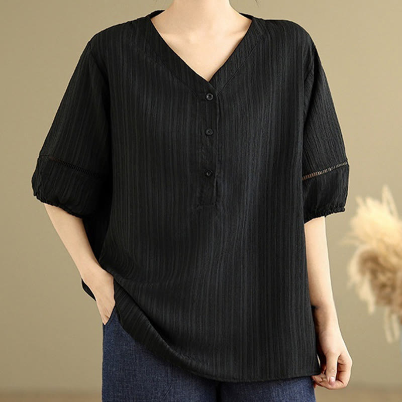 Buddha Stones Casual Plain Button V-Neck Women's Polyester Short Sleeve Shirt - image 13