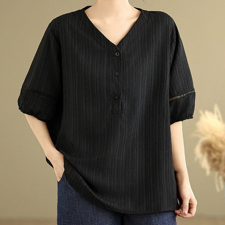 Buddha Stones Casual Plain Button V-Neck Women's Polyester Short Sleeve Shirt - image 13
