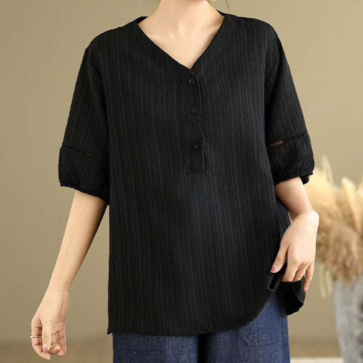 Buddha Stones Casual Plain Button V-Neck Women's Polyester Short Sleeve Shirt - image 17