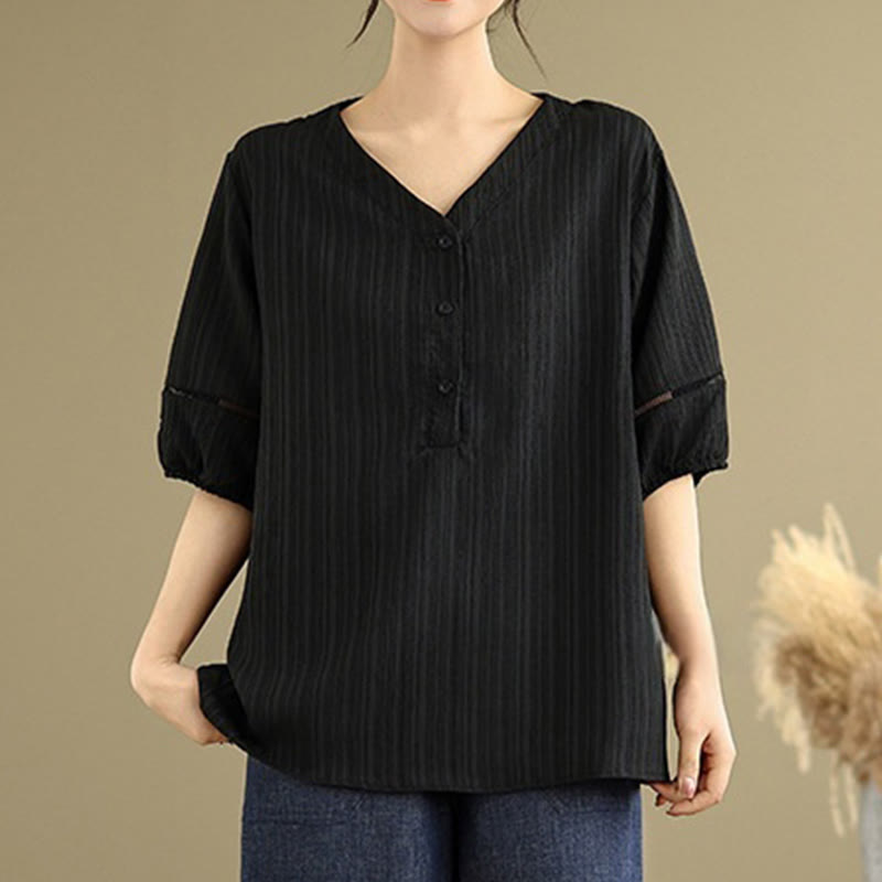 Buddha Stones Casual Plain Button V-Neck Women's Polyester Short Sleeve Shirt - Black - US8-10，UK/AU12-14，EU40-42 (2XL) - image 12