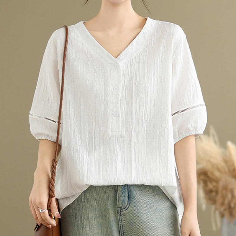 Buddha Stones Casual Plain Button V-Neck Women's Polyester Short Sleeve Shirt - image 21