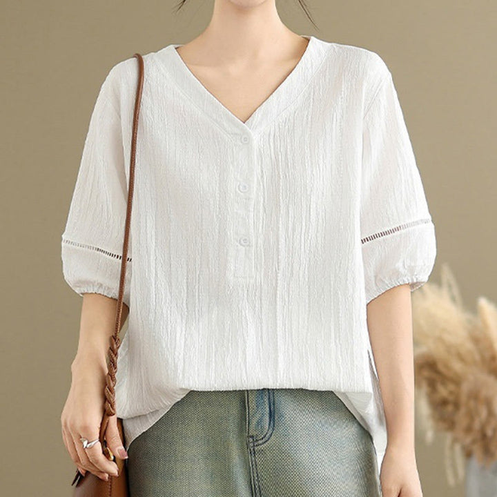 Buddha Stones Casual Plain Button V-Neck Women's Polyester Short Sleeve Shirt - image 21