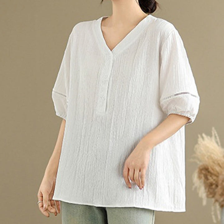 Buddha Stones Casual Plain Button V-Neck Women's Polyester Short Sleeve Shirt - image 20