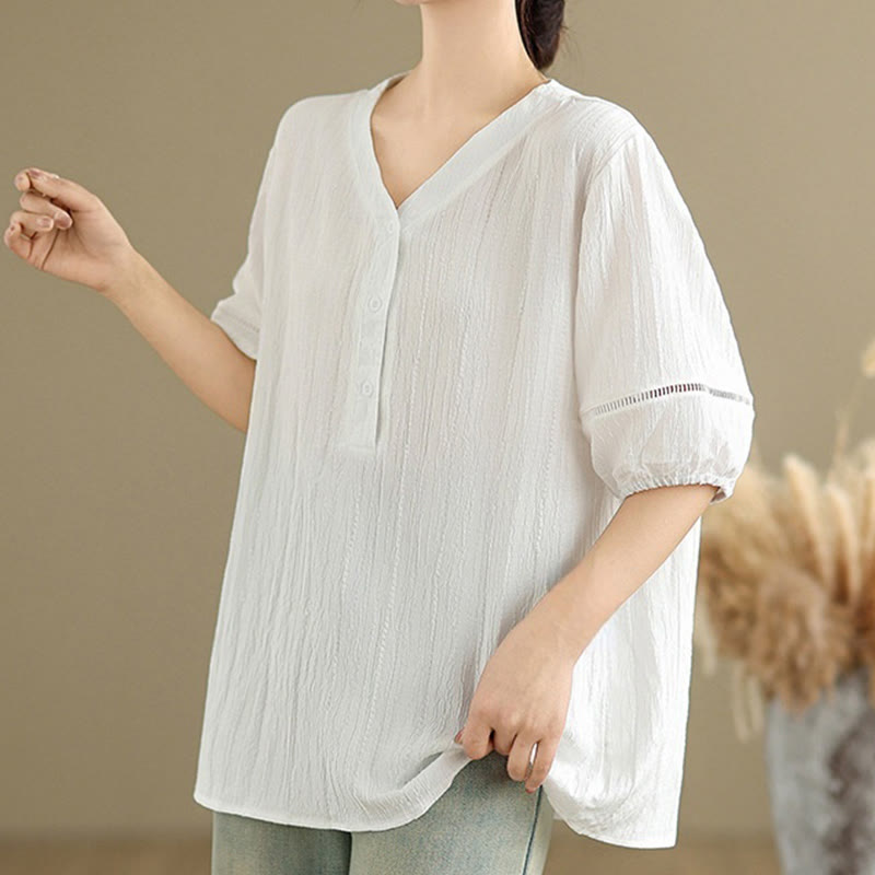 Buddha Stones Casual Plain Button V-Neck Women's Polyester Short Sleeve Shirt - image 19