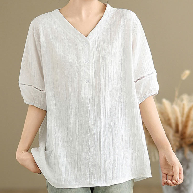 Buddha Stones Casual Plain Button V-Neck Women's Polyester Short Sleeve Shirt - White - US8-10，UK/AU12-14，EU40-42 (2XL) - image 18