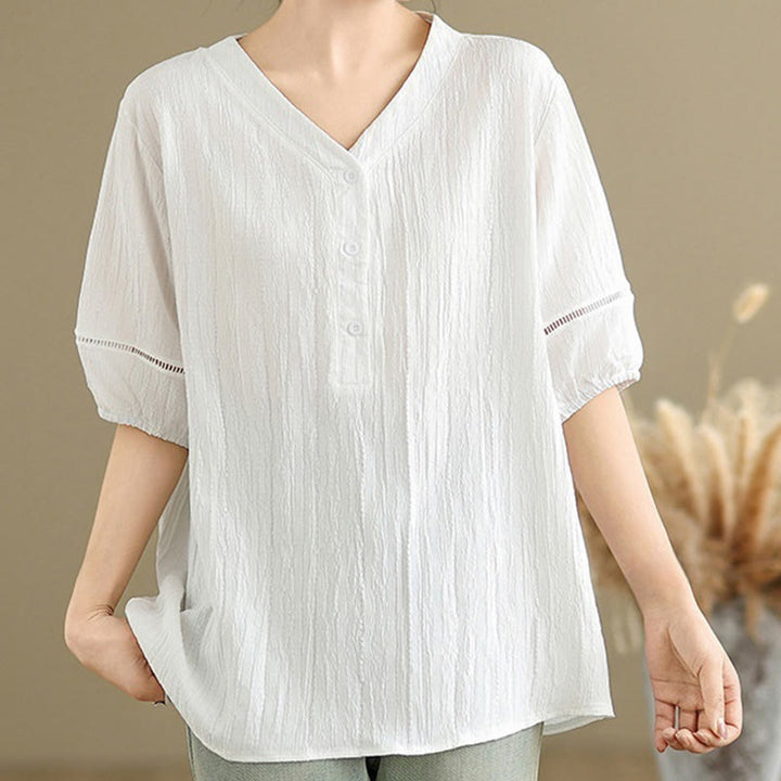 Buddha Stones Casual Plain Button V-Neck Women's Polyester Short Sleeve Shirt - White - US8-10，UK/AU12-14，EU40-42 (2XL) - image 18