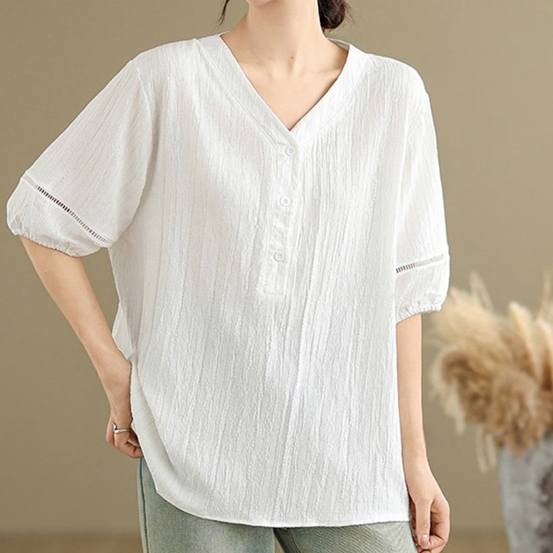 Buddha Stones Casual Plain Button V-Neck Women's Polyester Short Sleeve Shirt - image 23
