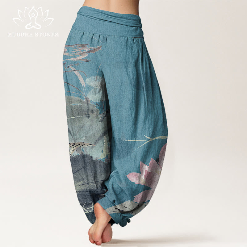 Buddha Stones Pink Lotus Leaves Bird Pattern Women's Elastic Waist Harem Pants - image 7