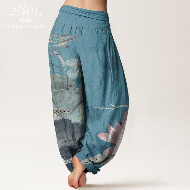 Buddha Stones Pink Lotus Leaves Bird Pattern Women's Elastic Waist Harem Pants - image 7