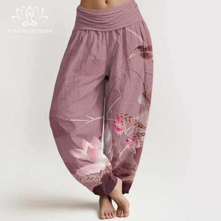 Buddha Stones Pink Lotus Leaves Bird Pattern Women's Elastic Waist Harem Pants - PaleVioletRed - US22，UK/AU26，EU54 (6XL) - image 7