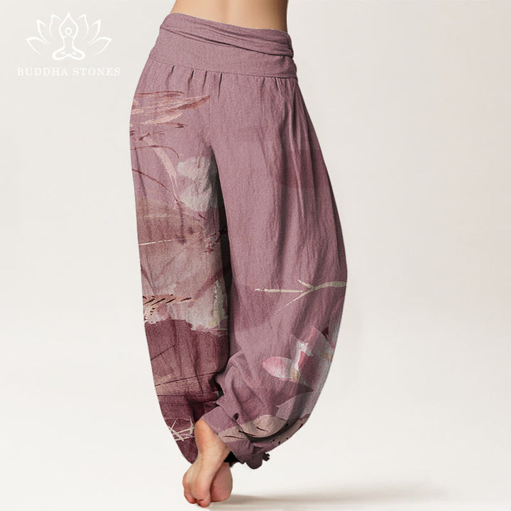 Buddha Stones Cotton Pink Lotus Leaves Bird Pattern Women's Elastic Waist Harem Pants - image 9