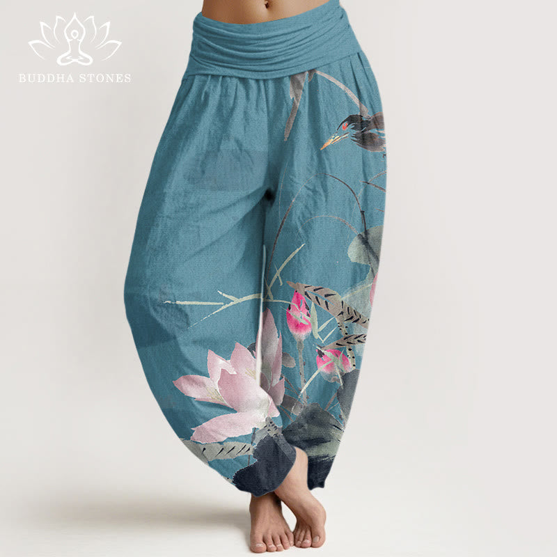 Buddha Stones Pink Lotus Leaves Bird Pattern Women's Elastic Waist Harem Pants - DarkTurquoise - US22，UK/AU26，EU54 (6XL) - image 5