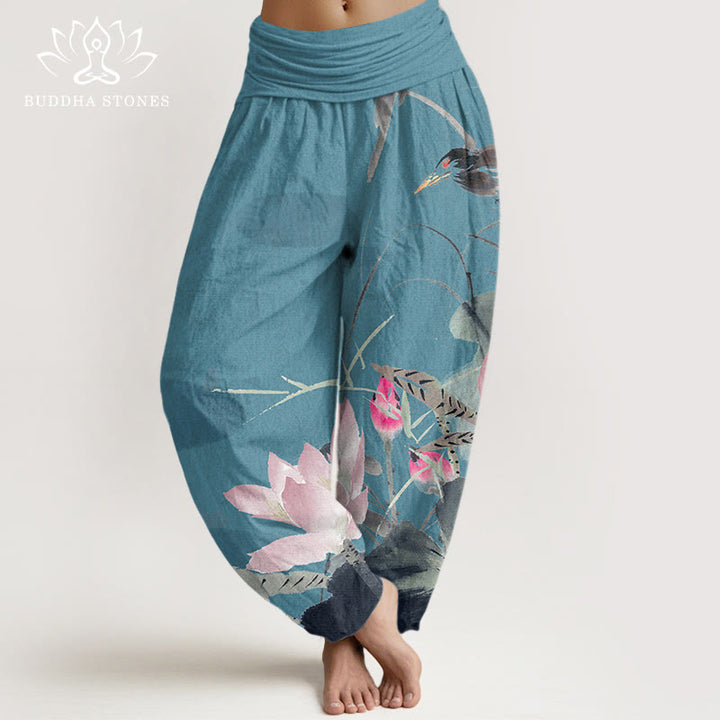 Buddha Stones Pink Lotus Leaves Bird Pattern Women's Elastic Waist Harem Pants - DarkTurquoise - US22，UK/AU26，EU54 (6XL) - image 5