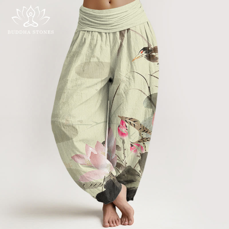 Buddha Stones Pink Lotus Leaves Bird Pattern Women's Elastic Waist Harem Pants - Khaki - US22，UK/AU26，EU54 (6XL) - image 1