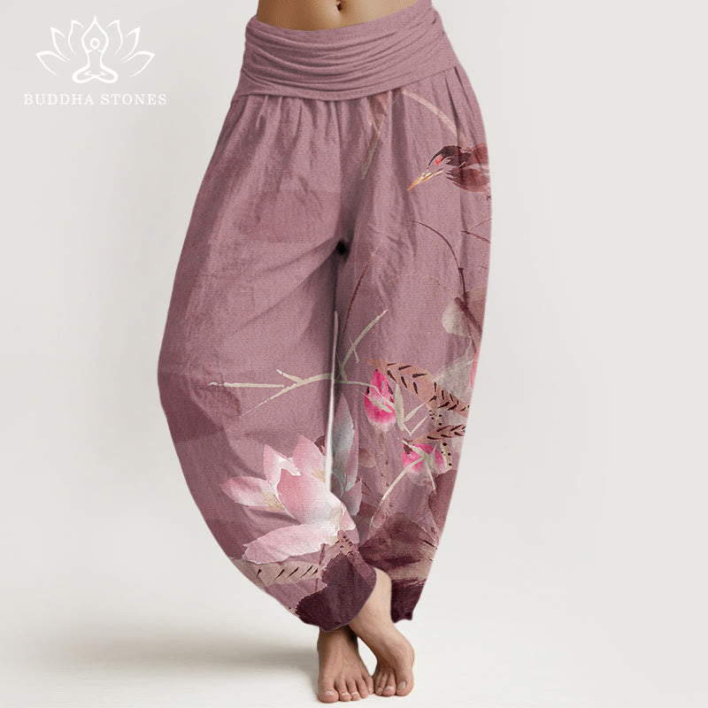 Buddha Stones Pink Lotus Leaves Bird Pattern Women's Elastic Waist Harem Pants - PaleVioletRed - US22，UK/AU26，EU54 (6XL) - image 8