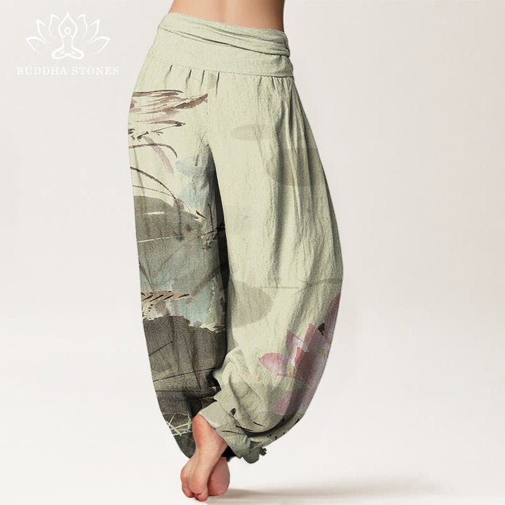 Buddha Stones Pink Lotus Leaves Bird Pattern Women's Elastic Waist Harem Pants - image 3